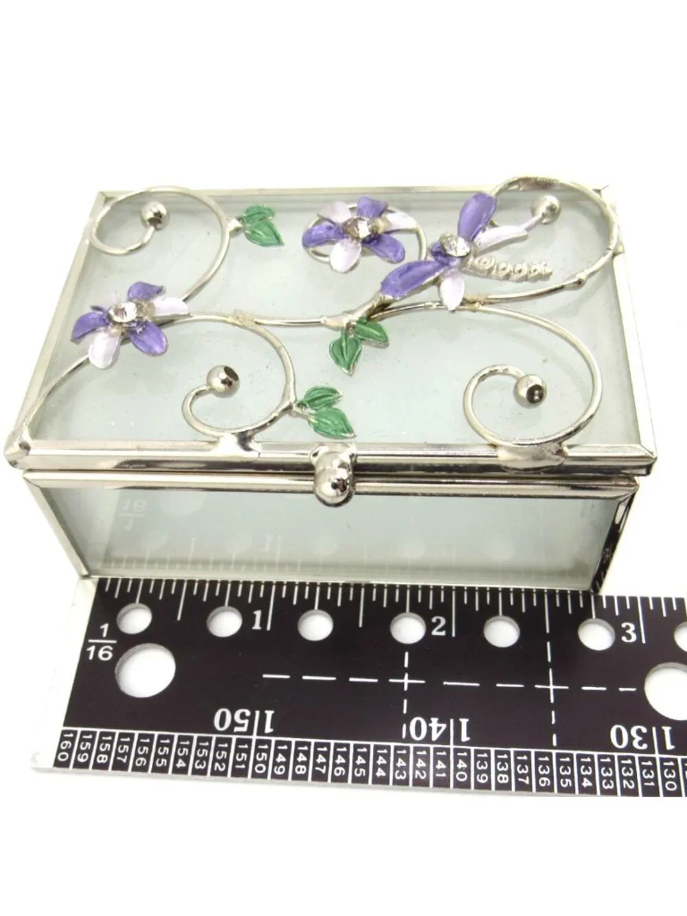 VINTAGE DRAGONFLY/FLORAL FROSTED GLASS METAL TRIM VANITY TRINKET JEWELRY BOX